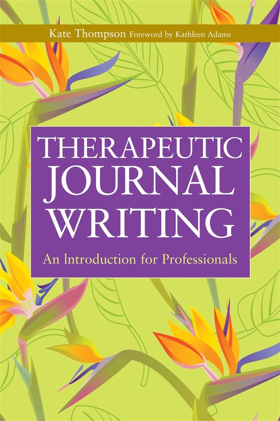 Livre "Therapeutic Journal Writing", sur fond vert avec des feuilles et desstrelitzias. Bandeau violet avec texte blanc.