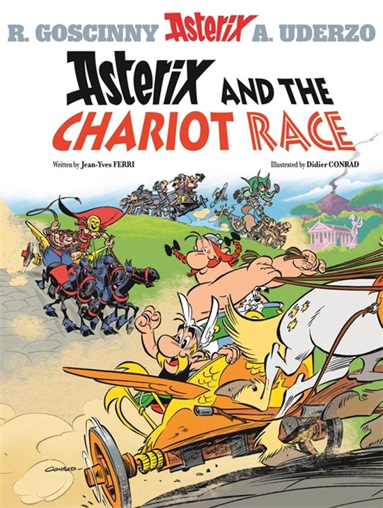 Omslag van Asterix en de Race door Italië, met Asterix en Obelix in een strijdwagen.
