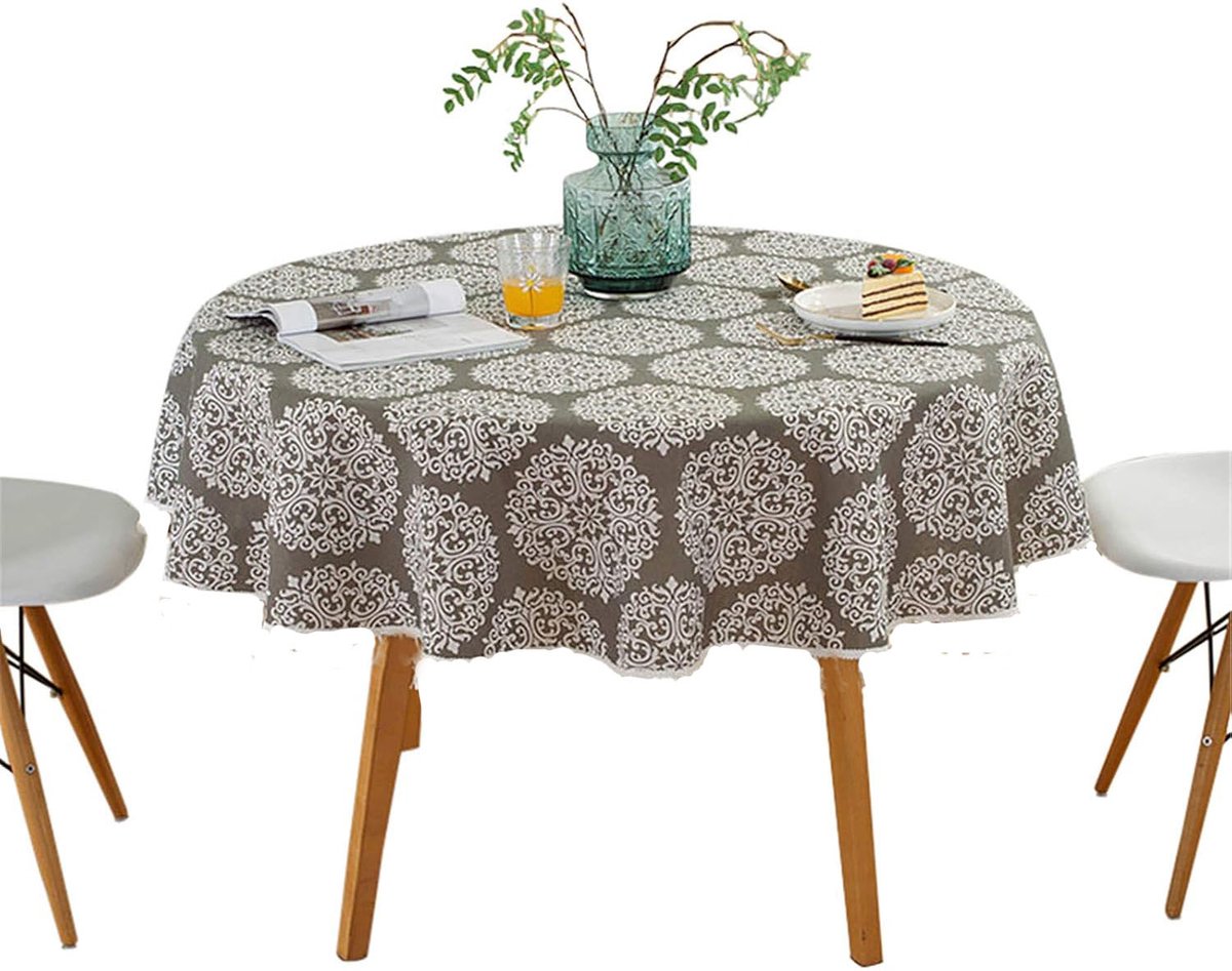 Tafelkleden – Katoen-linnen tafelkleden – Rond – Farmhouse-stijl – 150 cm – Geschikt voor decoratie van keuken-, eetkamer- en terrastafels – Grijs