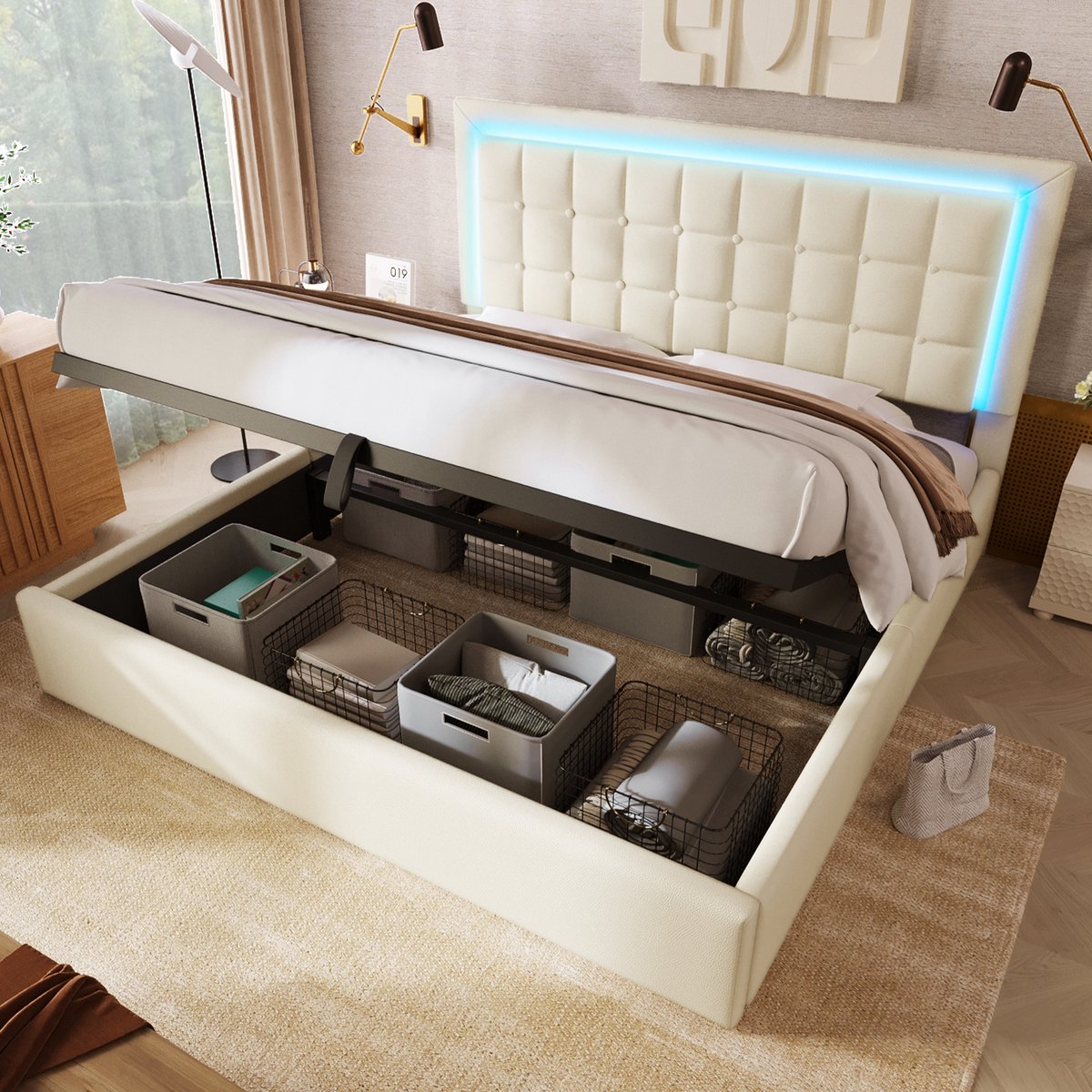 DESMIU Gestoffeerd Bed 140x200cm - LED Verlichting En Opbergruimte - Hydraulisch Openend Bedframe - Voor Volwassenen - Kunstleer - Wit - Zonder Matras