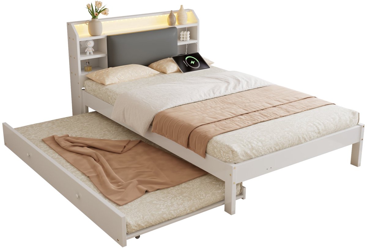 Merax Houten Bed 120 x 200 cm - Uitschuifbaar Logeerbed 90 x 190 cm - LED Verlichting - Laadstation - Hoofdbord Met Opbergvakken - Wit