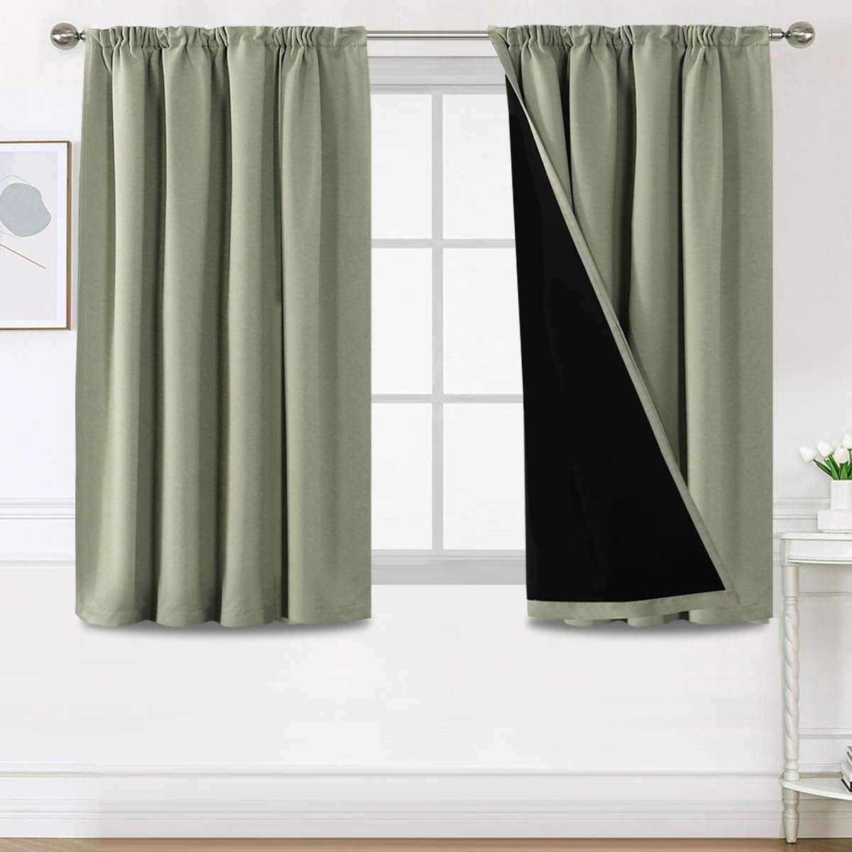 100% verduisteringsgordijnen voor binnen - 2 stuks - 117 x 137 cm - thermische gordijnen voor woonkamer en slaapkamer - verduisteringsgordijnen voor moderne woonkamer - saliegroen