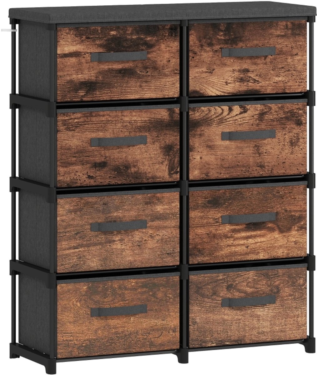 MIVRAY Ladekast Met 8 Stoffladen En Metalen Frame Voor Slaapkamer En Woonkamer Rustieke Bruine Houtlook 84,5 X 30,5 X 100 Cm