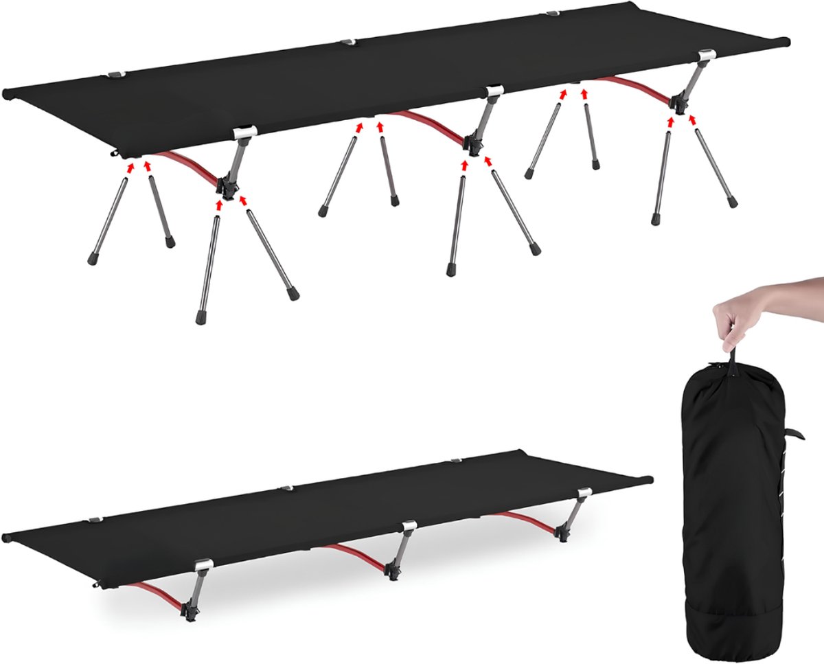 NIVA® Veldbed - Tot 150kg - Campingbed - In Hoogte Verstelbaar - Zwart - 190cm x 65cm x 38cm