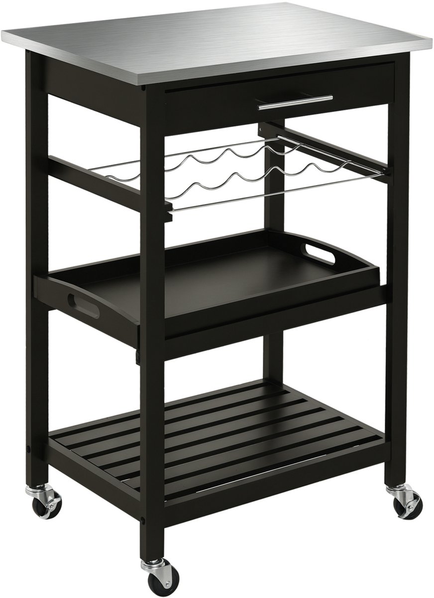Serveerwagen voor tafel - 60 x 40 x 85 cm - zwart - Roltafel - plank - flessenopslag - roestvrijstalen dienblad