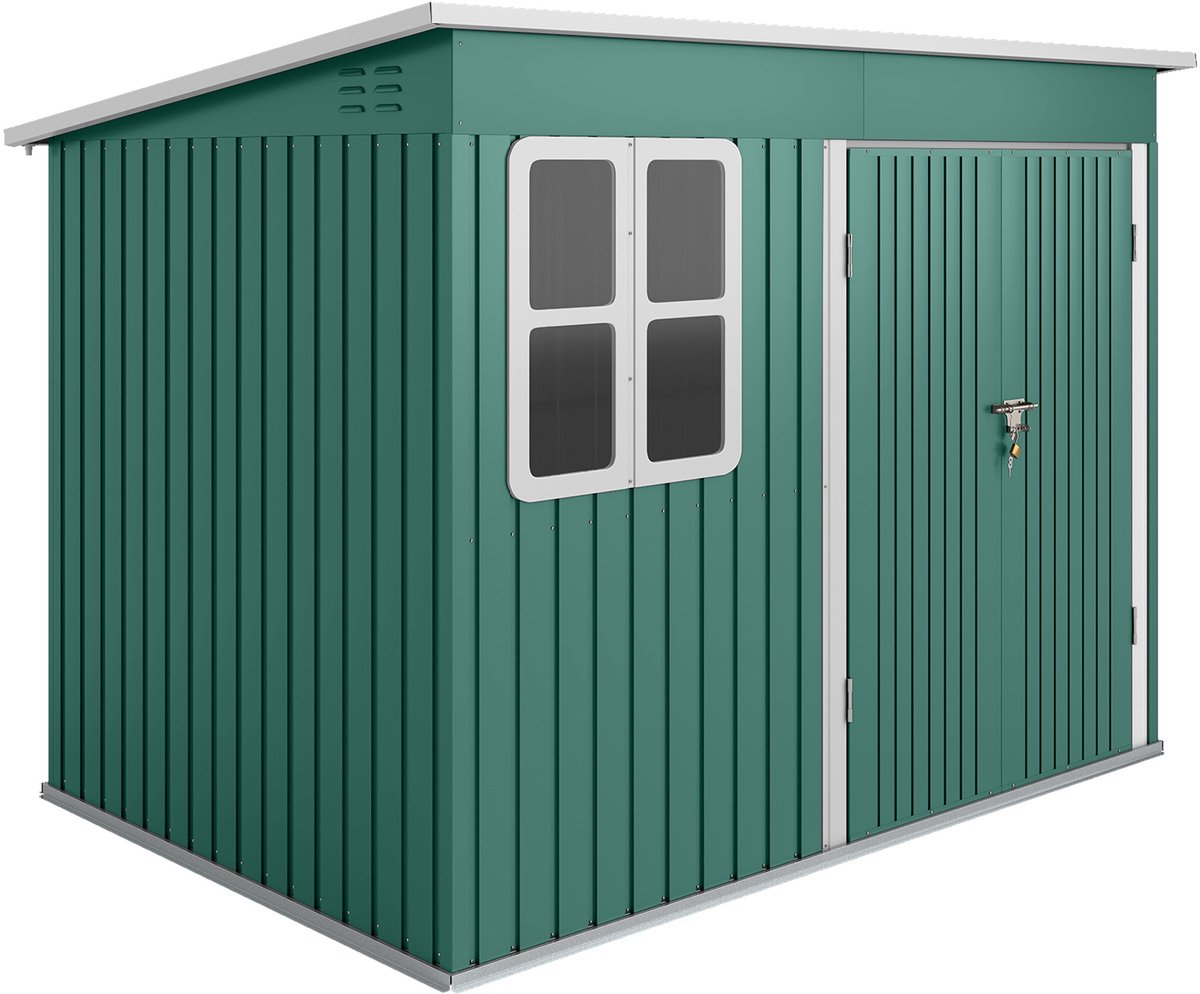 260x177x190 cm Tuinhuisje Opbergschuur met Raam en Brede Deur, Tuinberging Buitenberging Gereedschapsschuur Opslagruimte voor Tuingereedschap en Outdoor Apparatuur, Metalen Schuur voor Tuin Terras Buitenopslag, Groen