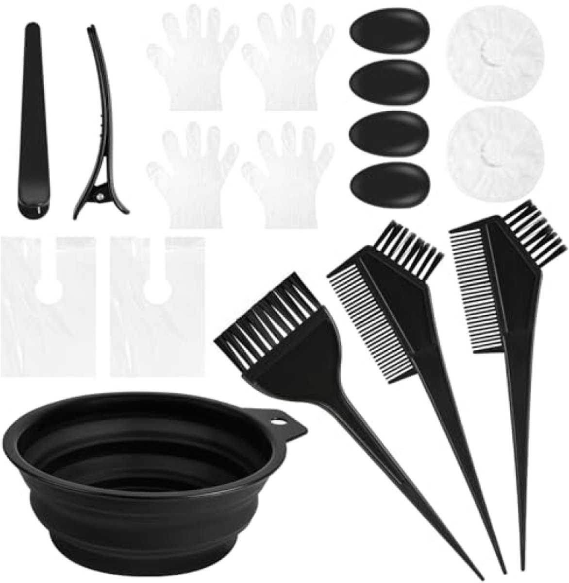 18-delige gereedschapsset voor haarkleuring met kom, kam 2-in-1, kleurschaal, oorbescherming, handschoenen en haarclip - Zelf haar verven thuis of in de salon