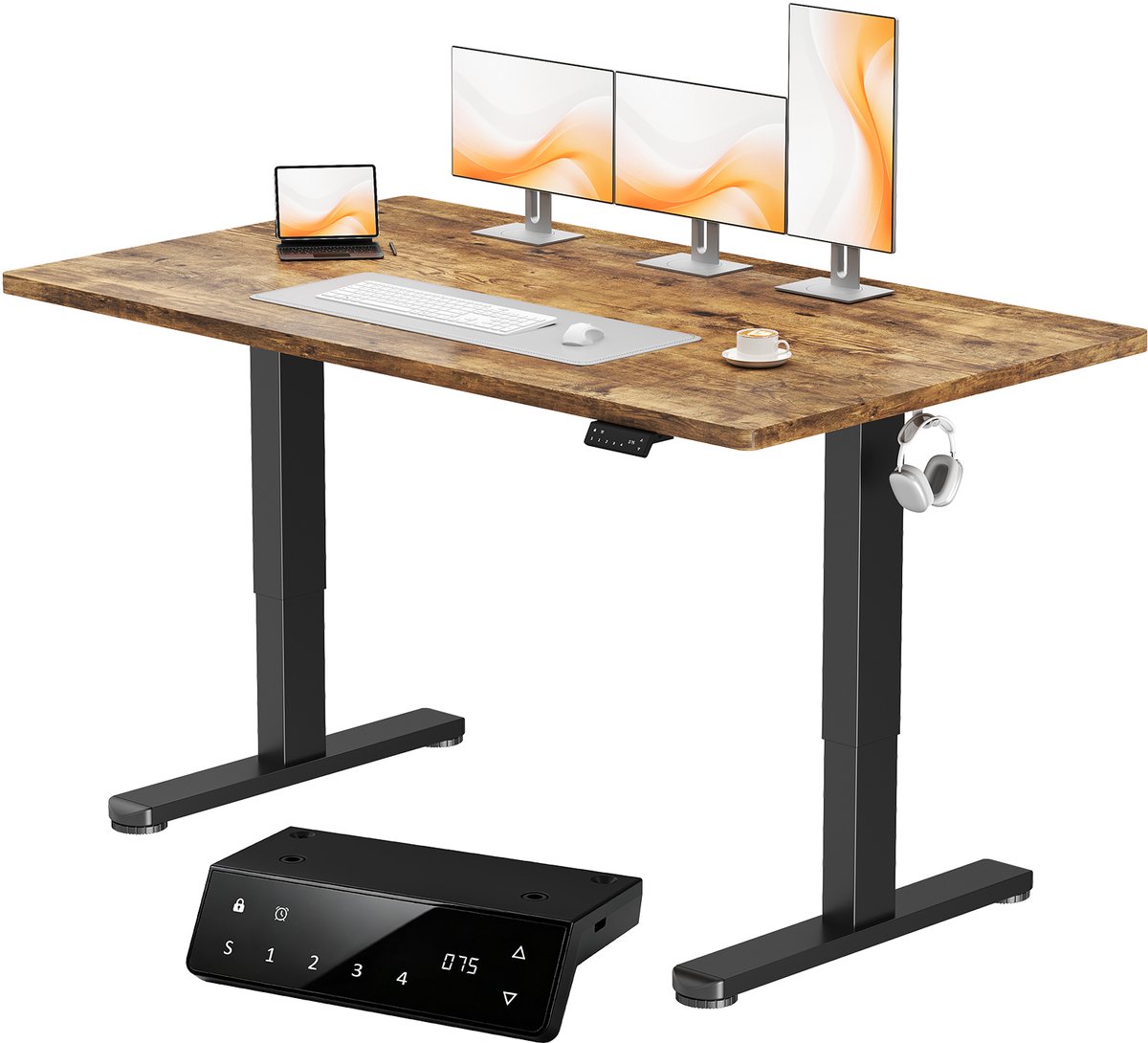 Devoko elektrisch zit-sta bureau 160 x 80 cm - dubbele motor, stevig 25 mm werkblad uit één stuk, USB en USB-C - Houtlook met brandpatroon