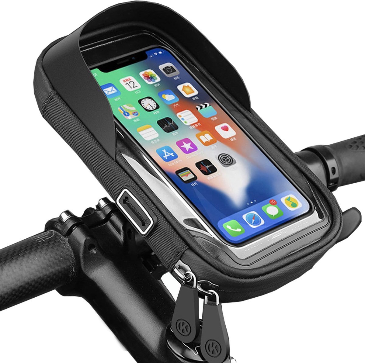 Casalora Telefoonhouder Fiets Waterdicht – 360° Draaibaar – Met Opbergvakken - Afneembaar kliksysteem - Geschikt tot 6.4 Inch – Touchscreen TPU – Stuurbevestiging - Zwart