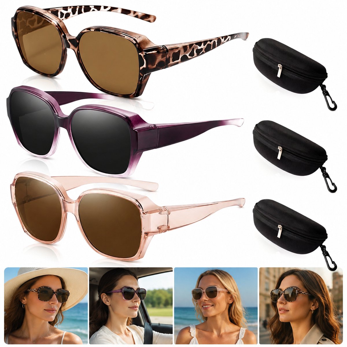 3 Stuks - Overzet Zonnebril voor Brildragers - Met Beschermhoesjes - Gepolariseerd - UV-bescherming - Ultralichte Clip-on - Anti-verblindend - Vierkant Groot Montuur - Ontspiegeld Glas - Trendy & Comfortabel
