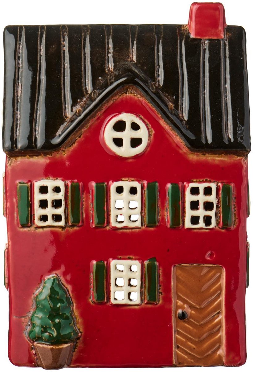 Ib Laursen - Keramieken Huisje - Kerst - Rood met Boom - Waxinelichthouder