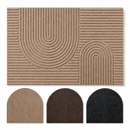 Bruine deurmat met golvend patroon. Drie formaten zichtbaar: beige, donkerbruin en zwart.