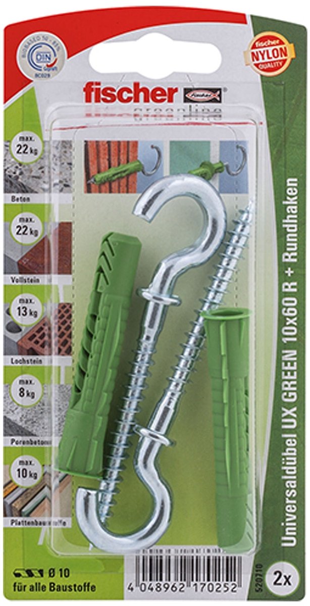 Fischer 2x Universele Plug UX GREEN 10 x 60 mm R RH met rand en ronde haak - 520710