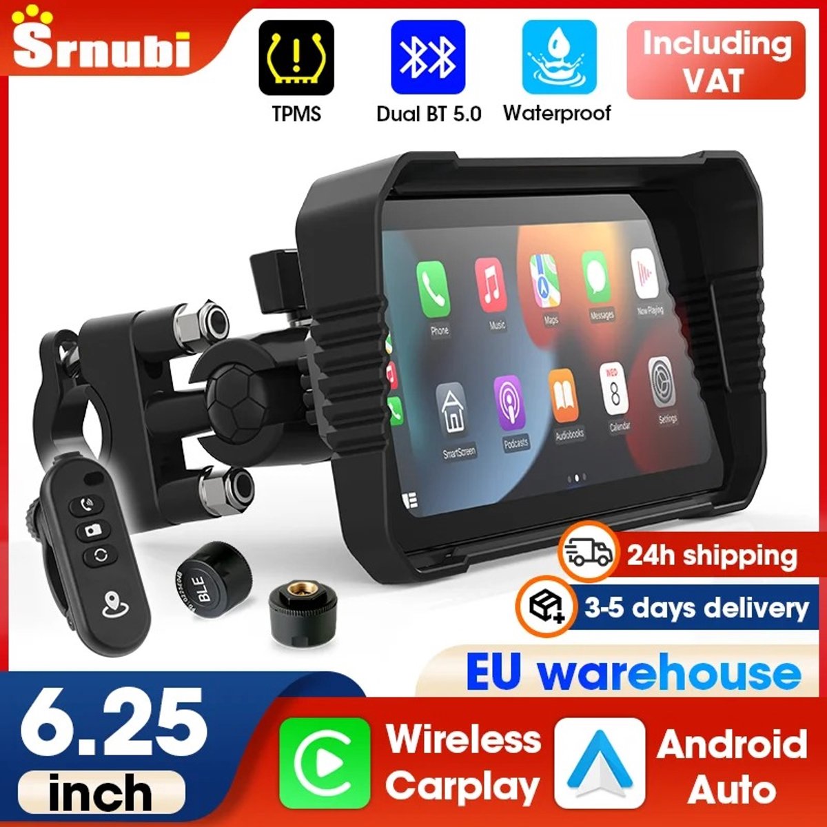 Archi 6,25 inch Motor Navigatiescherm – Draadloos CarPlay & Android Auto – GPS – Bluetooth 5.0 – IPX7 – IPS Touchscreen – TPMS