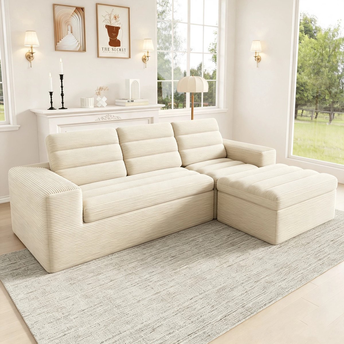 Woonkamer Hoekbank, L-Bank, 3-Zitsbank, Modulaire L-Vormige Hoekbank, Frameloos Ontwerp, Wolkbank, Vrij Combineerbaar, Ideaal Voor Woonkamers En Appartementen, Geen Montage Nodig, Chenillestof-Beige