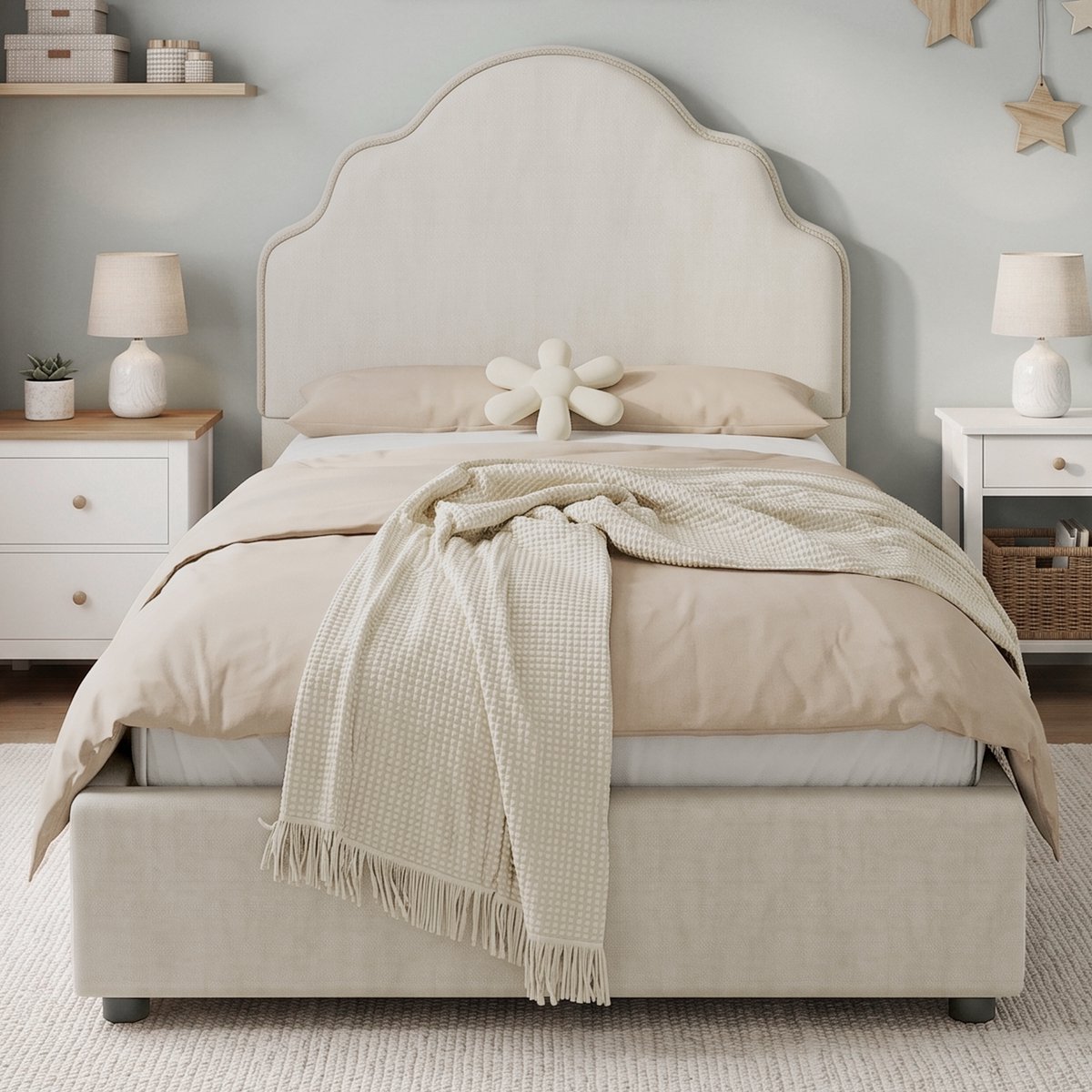 VVBV Kinderbed 90x200 cm - Gestoffeerd Hoofdbord, Met Lattenbodem - Beige, Linnen