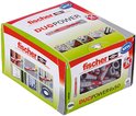 Doos met 100 stuks fischer DUOPOWER pluggen 6x50mm, met afbeeldingen van installatie.