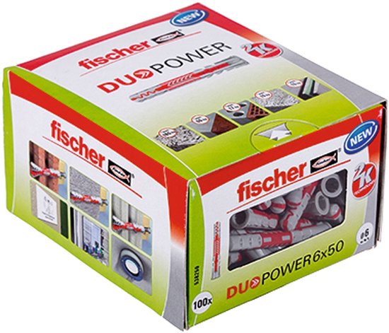 Doos met 100 stuks fischer DUOPOWER pluggen 6x50mm, met afbeeldingen van installatie.