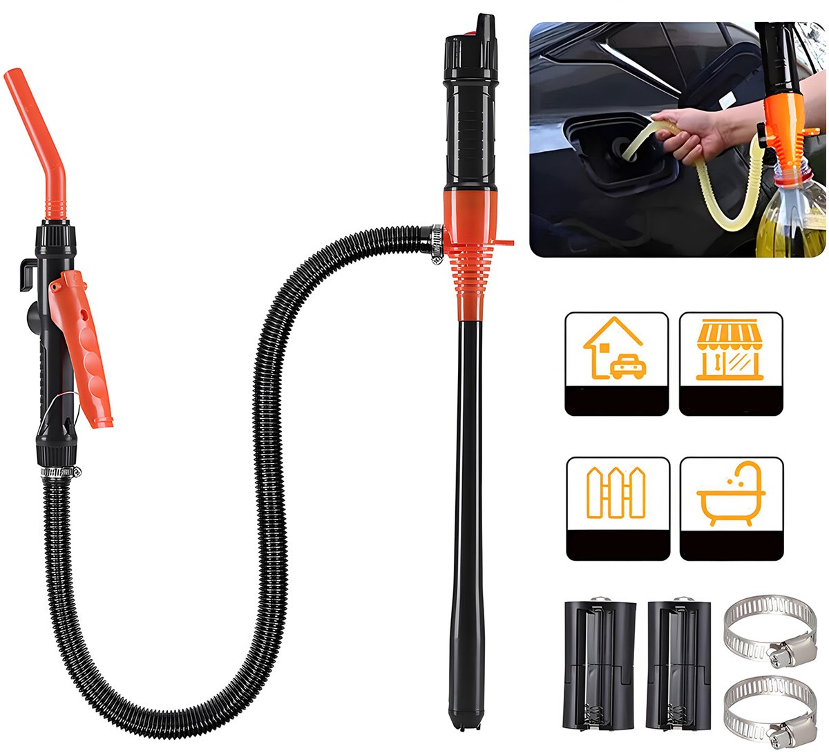 Elektrische transferpomp - Draagbare oliepomp - Zelfrijdende slangtransferpomp - Afneembare waterpomp - 2,4 gallon/minuut - Voor het overpompen van benzine, diesel en water - Oranje thumbnail 4