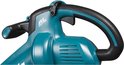 Close-up van de ergonomische handgreep van een turquoise Makita bladblazer. Tekst 'BL MOTOR' zichtbaar.