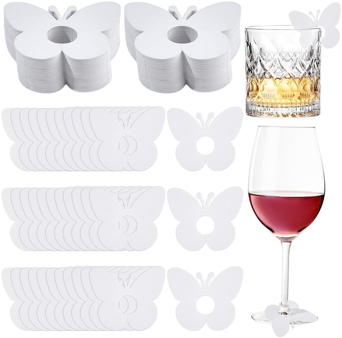Solidchoice - 150 Stuks Papieren Drankkaartjes - Witte Wijnglasmarkers met Vlinder Design