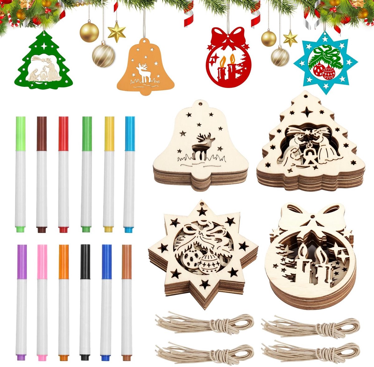 Solidchoice - Houten Kerstboom Ornamenten Set met 12 Waterverf Pens