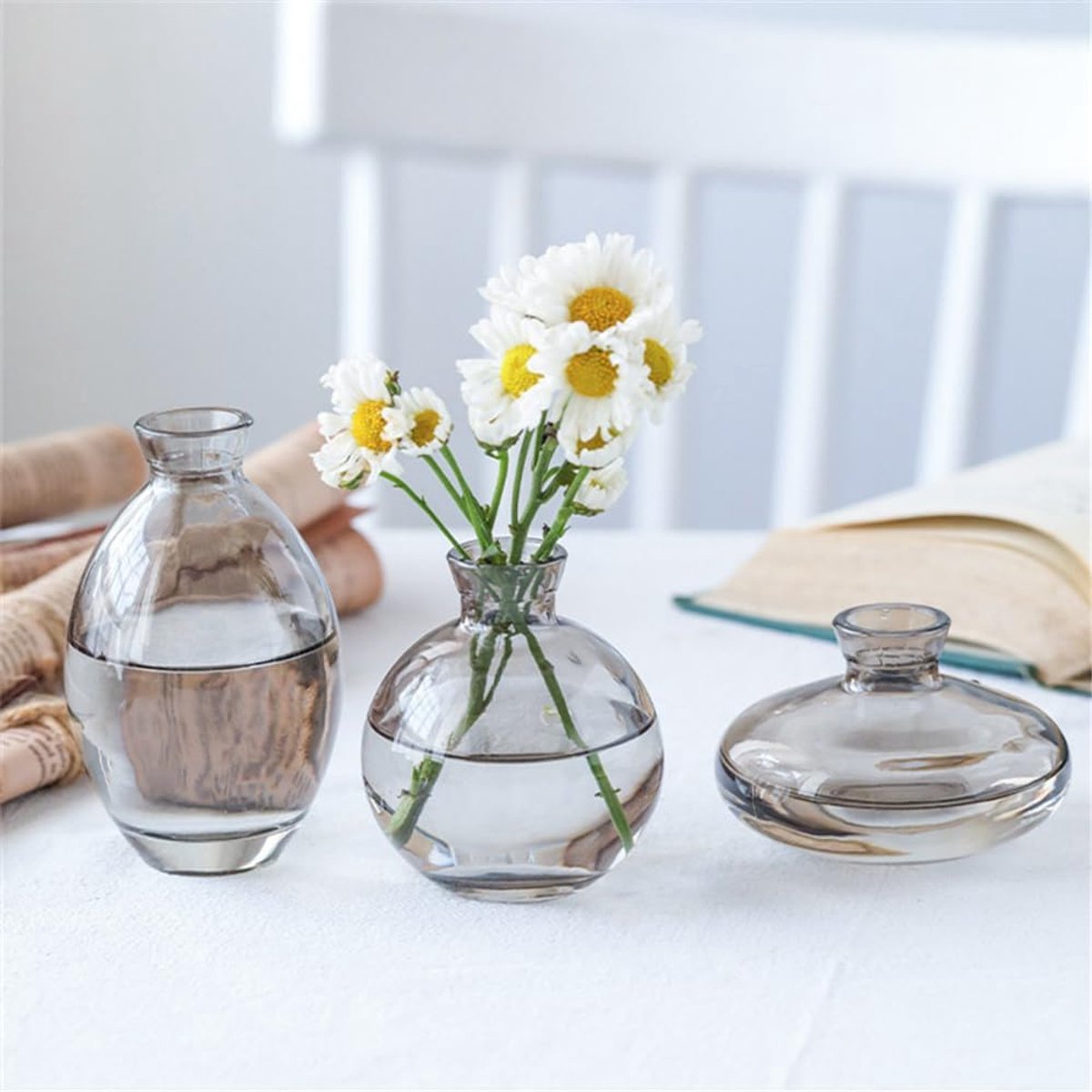 KZQ Set van 3 kleine glazen vazen ​​– Creatieve transparante vazen ​​voor hydrocultuur of droogbloemen – Tafeldecoratie voor thuis, kantoor, bruiloften, feesten en evenementen - Grijs