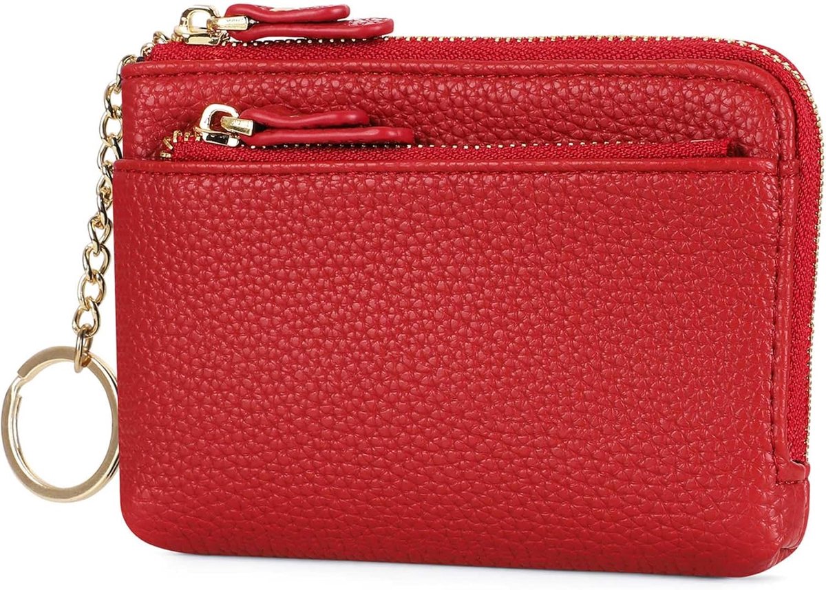 Wallet ladies small leather mini wallet women with keychain and zipper, Red, Classic - ShopVlot