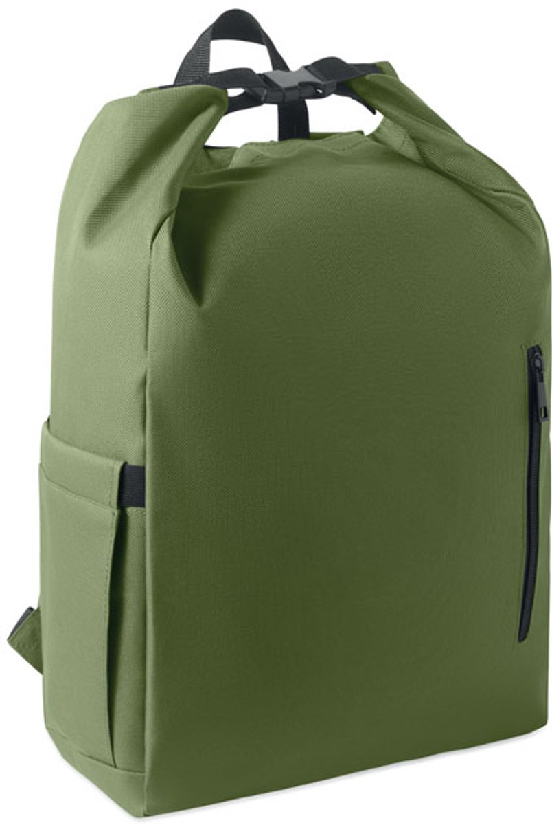 Rolltop 15-inch laptoprugzak van 600D RPET polyester met 210D RPET gewatteerde voering. Voorzien van een voorvak met rits, elastisch zijvak en verstelbare schouderbanden. Army Green