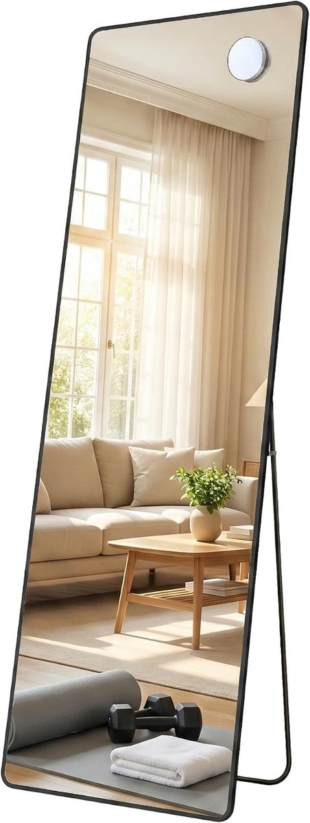 SONGMICS Rechthoekige staande spiegel van 160 x 50 cm met vergrootglas, frame van aluminiumlegering, gehard glas, voor slaapkamer, woonkamer en kledingkast, inktzwart LFM030BD02