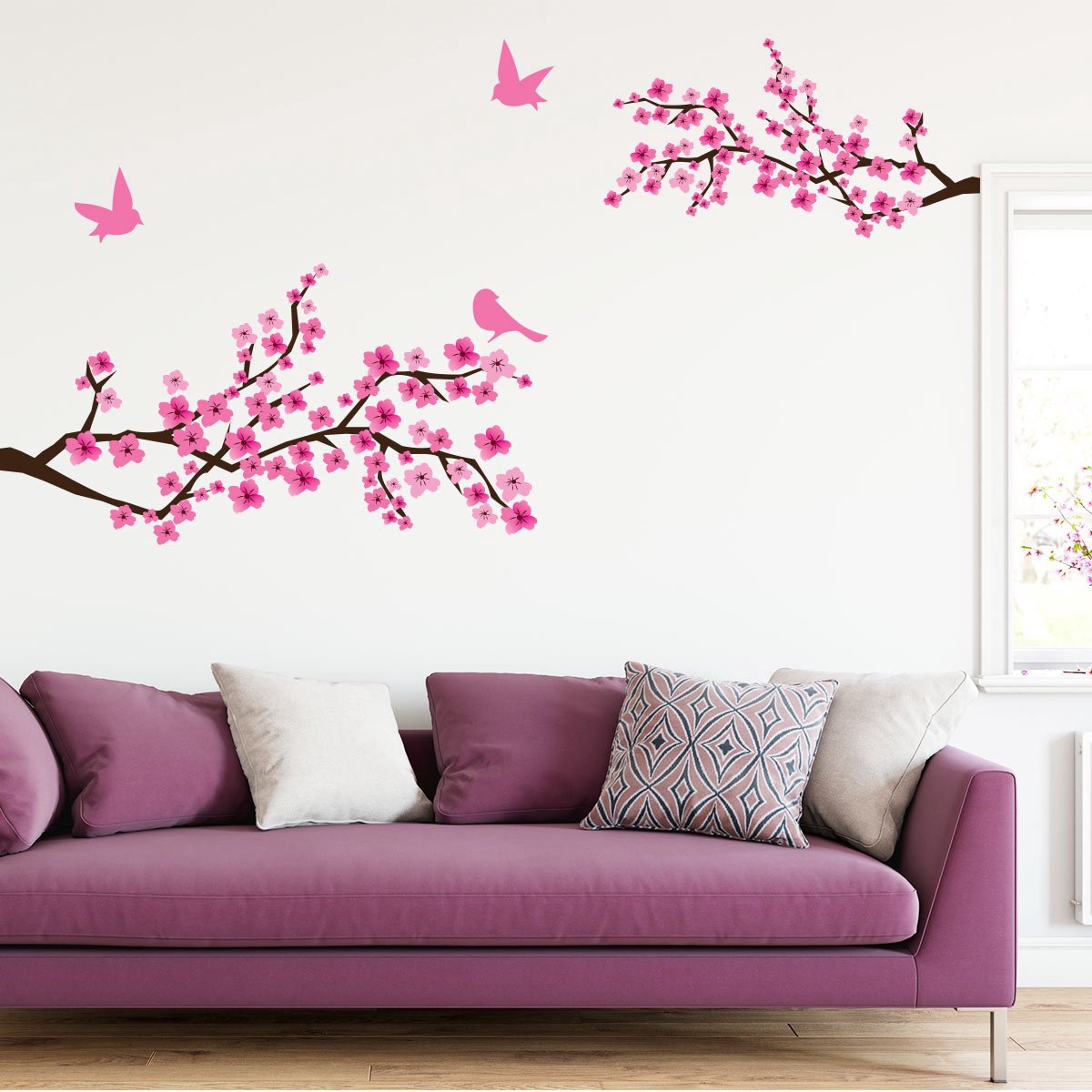 Ambiance Sticker Zelfklevende muurstickers - 2 takken met Japanse kersenbloesem en 3 vogels - 110x150cm Multi color