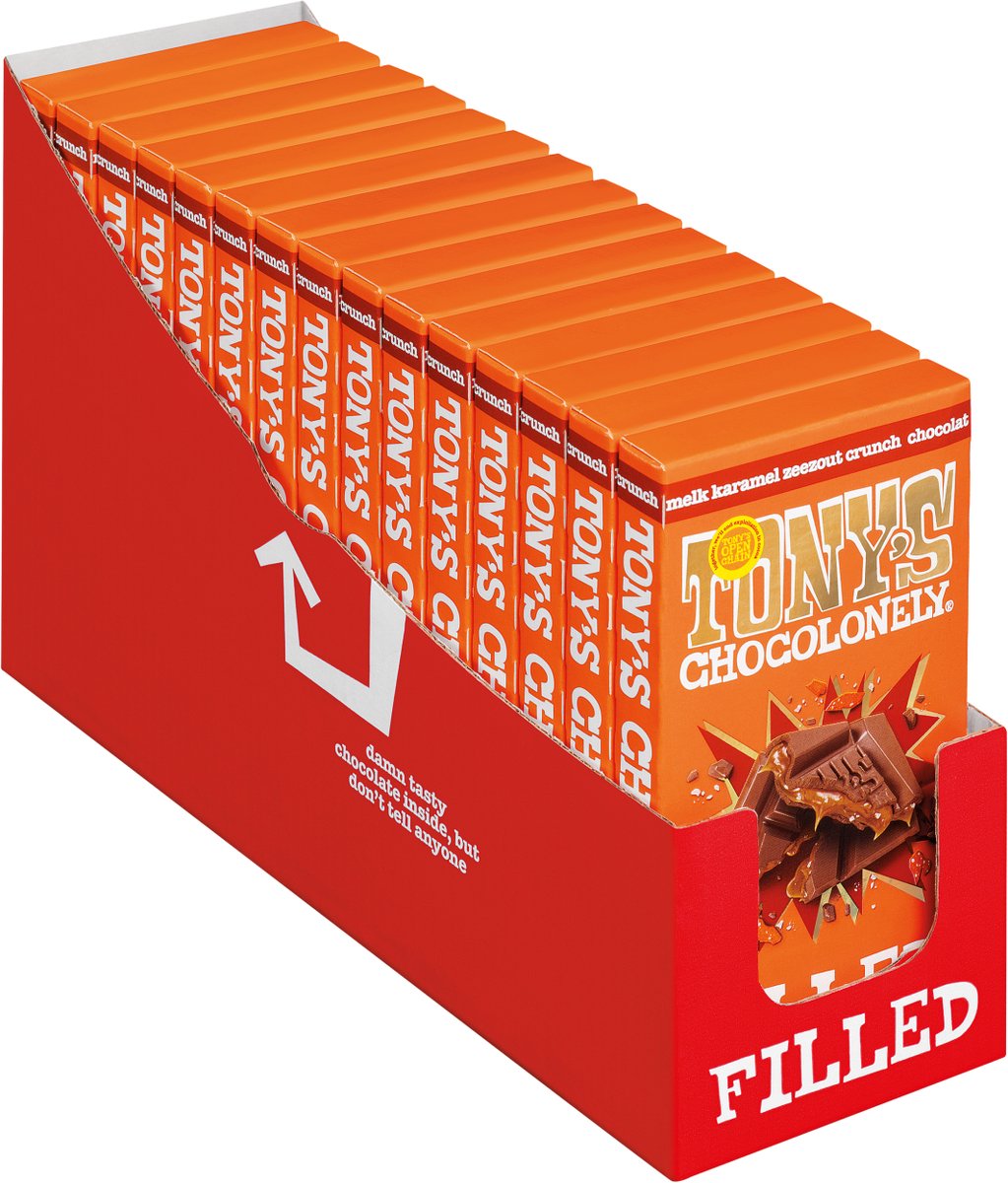 Tony's Chocolonely - Gevulde Chocolade Reep - Filled Melk Karamel Zeezout Crunch - 135 Gram - Fairtrade Belgische Chocola - Bulk verpakking - 15 stuks x 127 gram