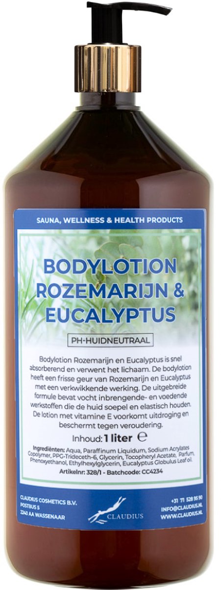 Bodylotion Rozemarijn & Eucalyptus 1 liter met gouden pomp