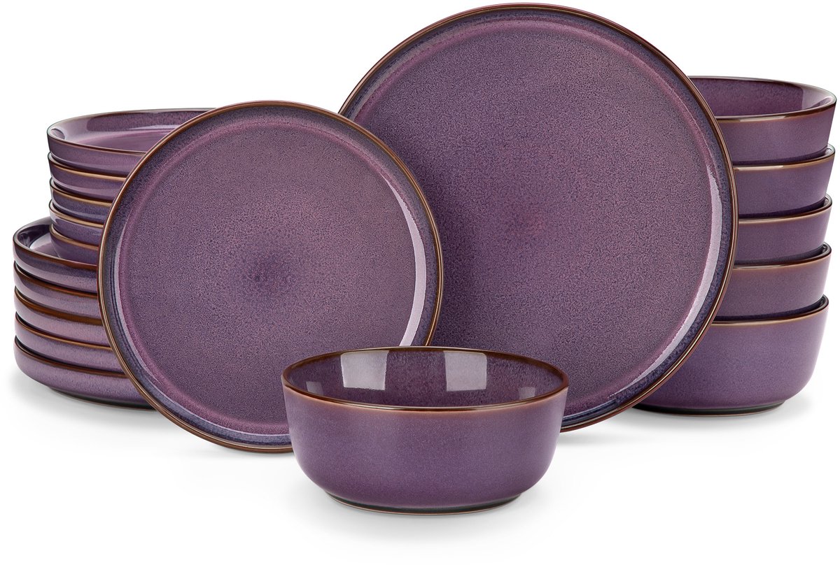 Home & Beyond® Serviesset - Steengoed Borden Set - Dinerborden Dessertborden en Kommen - Reactief Glazuur - Paars - 12-delig voor 4 Personen