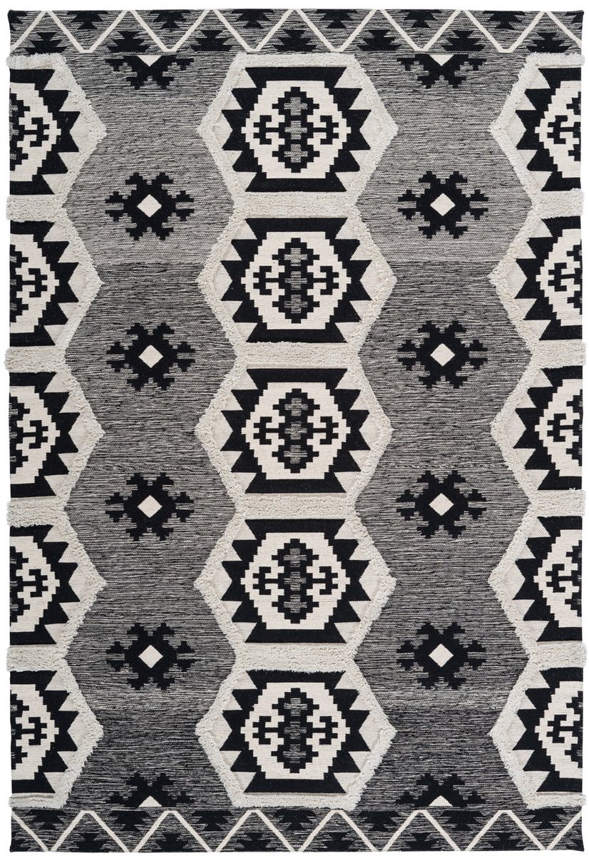 Padiro laagpolig vloerkleed 120 x 170 cm - grijs - boho geometrisch patroon - geschikt voor vloerverwarming - van katoen en polyester