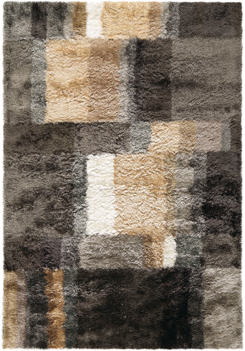Padiro hoogpolig shaggy vloerkleed 70 x 140 cm - meerkleurig / bruin - geometrisch ruit- en blokpatroon - van polyester