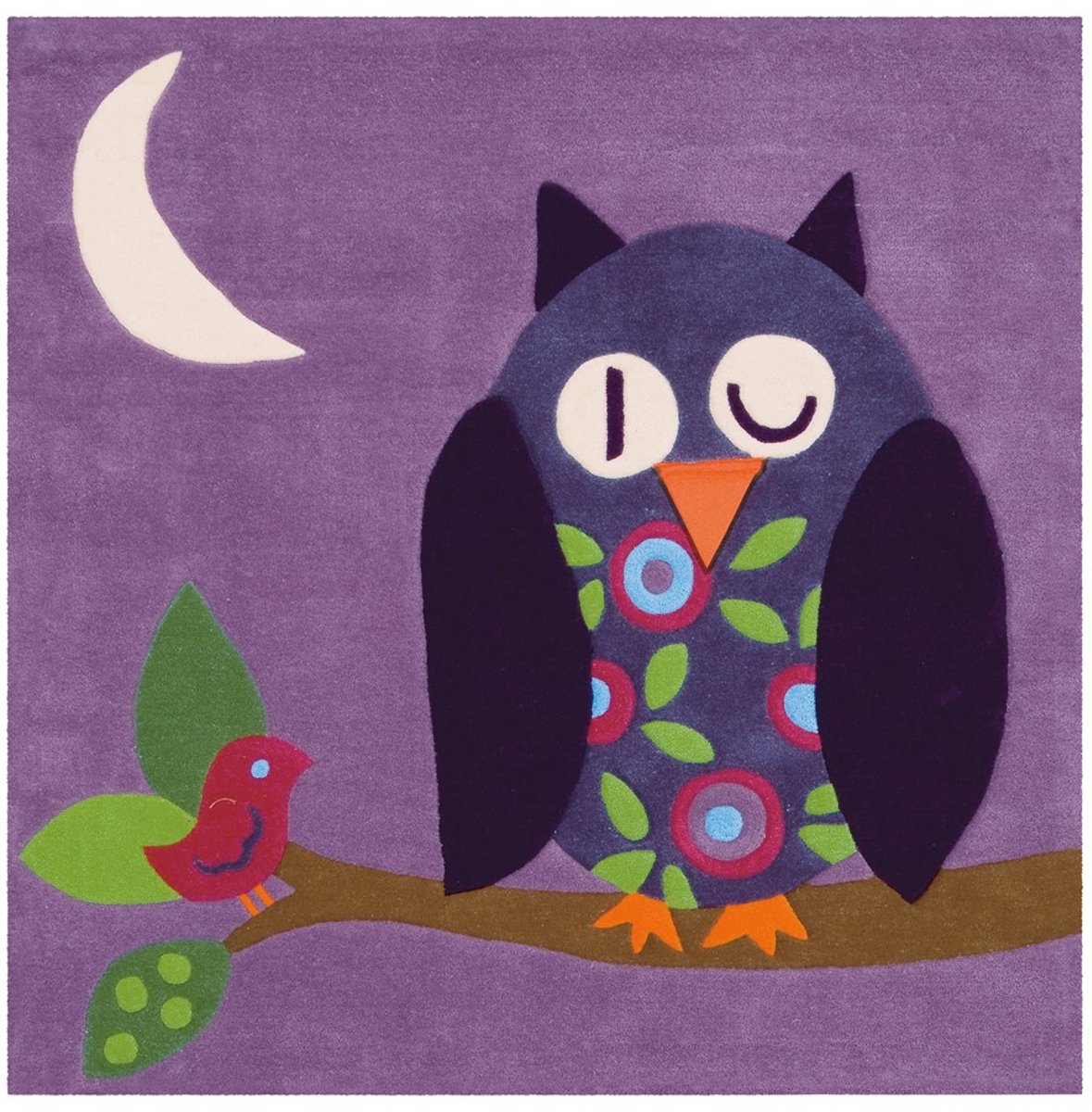 Padiro kindervloerkleed 130 x 130 cm - paars - speels kindermotief - met uilenmotief - geschikt voor vloerverwarming - van modacryl