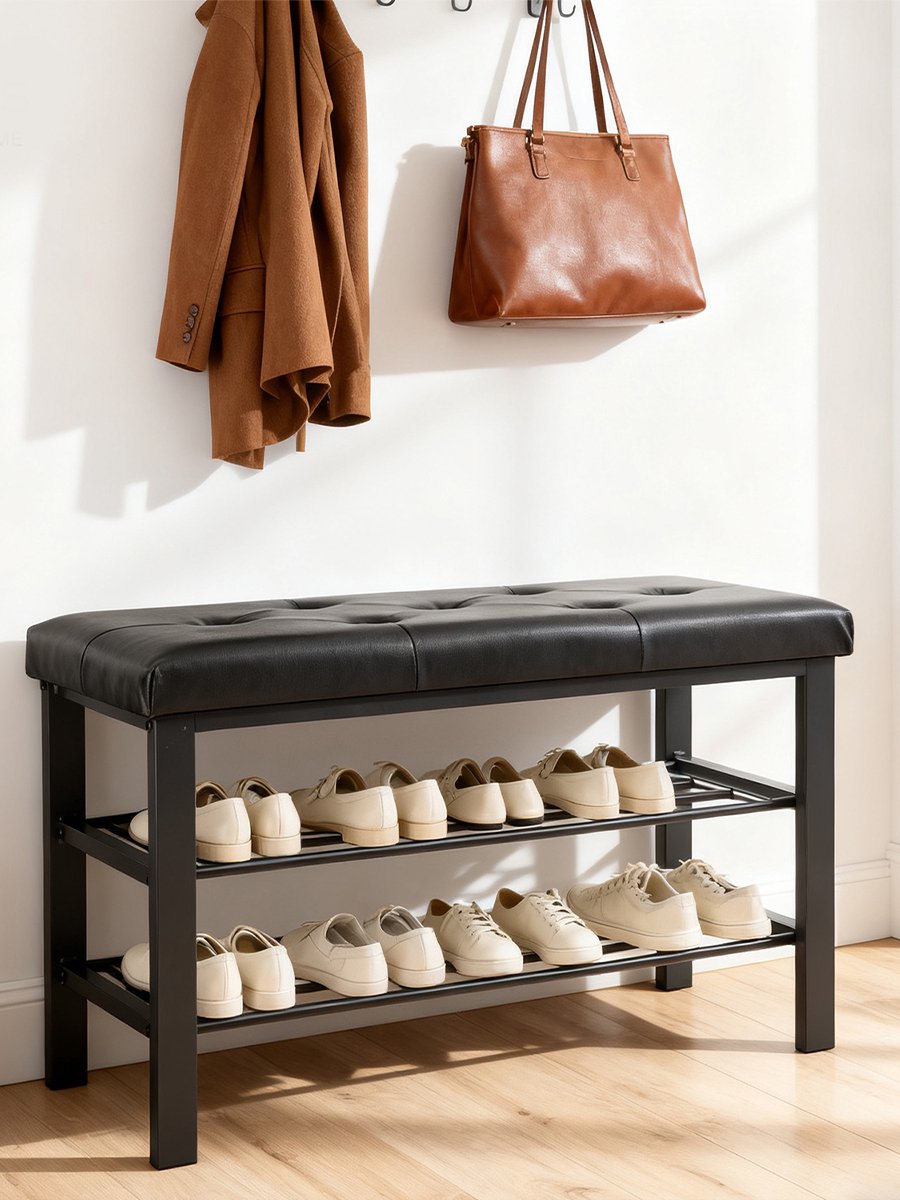 Schoenenbank met Zacht Zitkussen en 2 Metalen Schoenenrekken - Gestoffeerde Halbank en Schoenenrek in Een - Ruimte voor Meerdere Paar Schoenen - Stabiel Metalen Frame - 81 x 32 x 50 cm - Voor Hal, Entree, Garderobe en Slaapkamer - Zwart