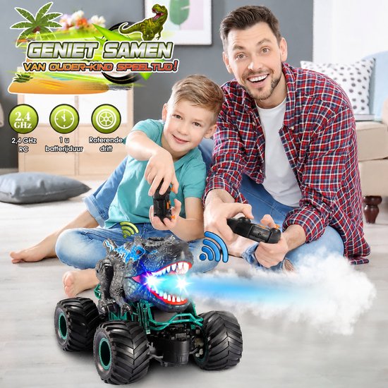 Man en jongen spelen samen met een dinosaurus RC monster truck. Ze hebben plezier met de afstandsbedieningen. Tekst: 'Geniet samen van ouder-kind speelplezier!'