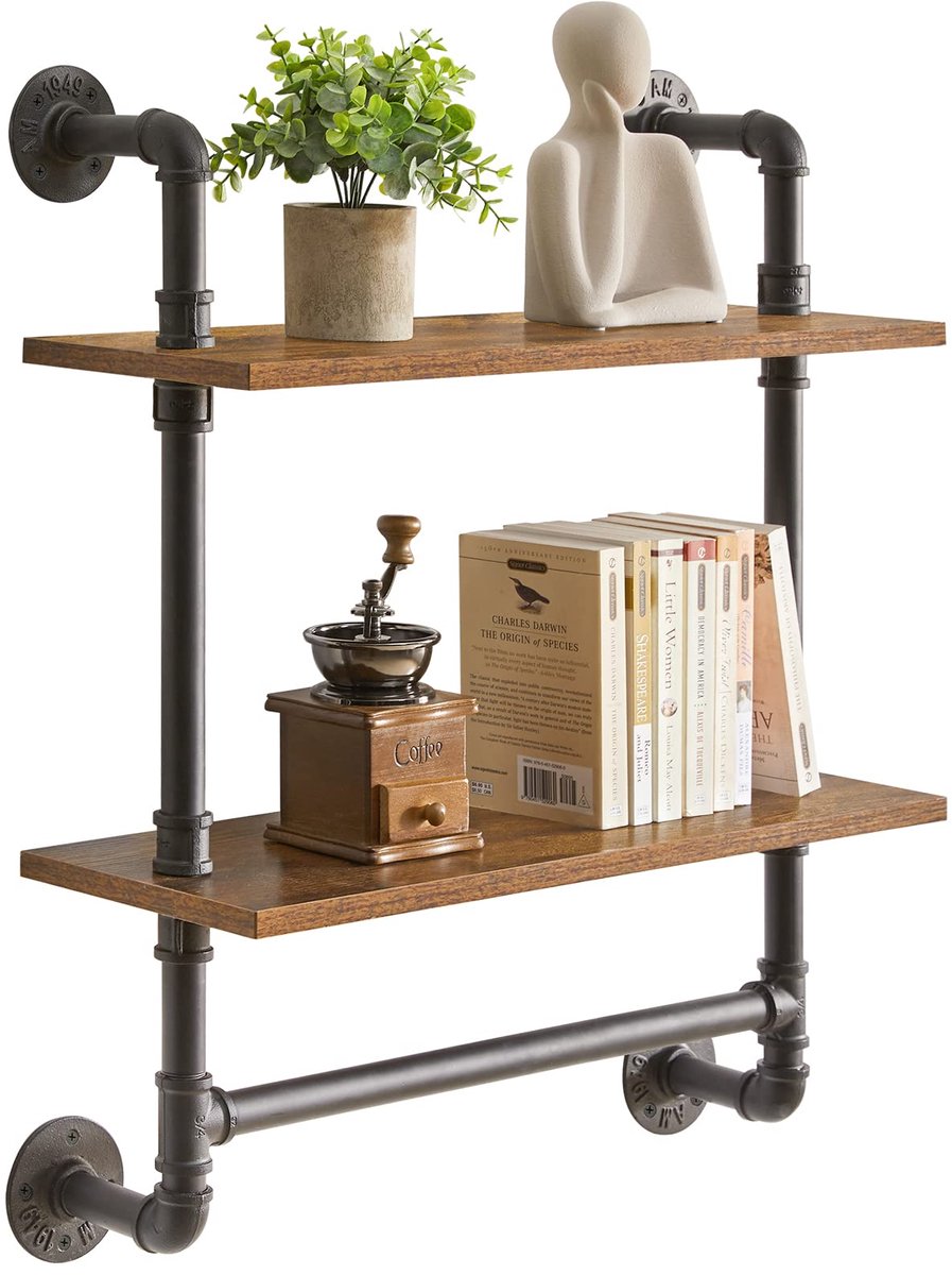 Industriële Wandplanken met 2 Niveaus - Zwevende Houten Planken met Metalen Buizenframe - Rustieke Opbergplank voor Keuken, Slaapkamer, Woonkamer en Badkamer - Wandboekenkast en Kruidenrek - Ruimtebesparend Design