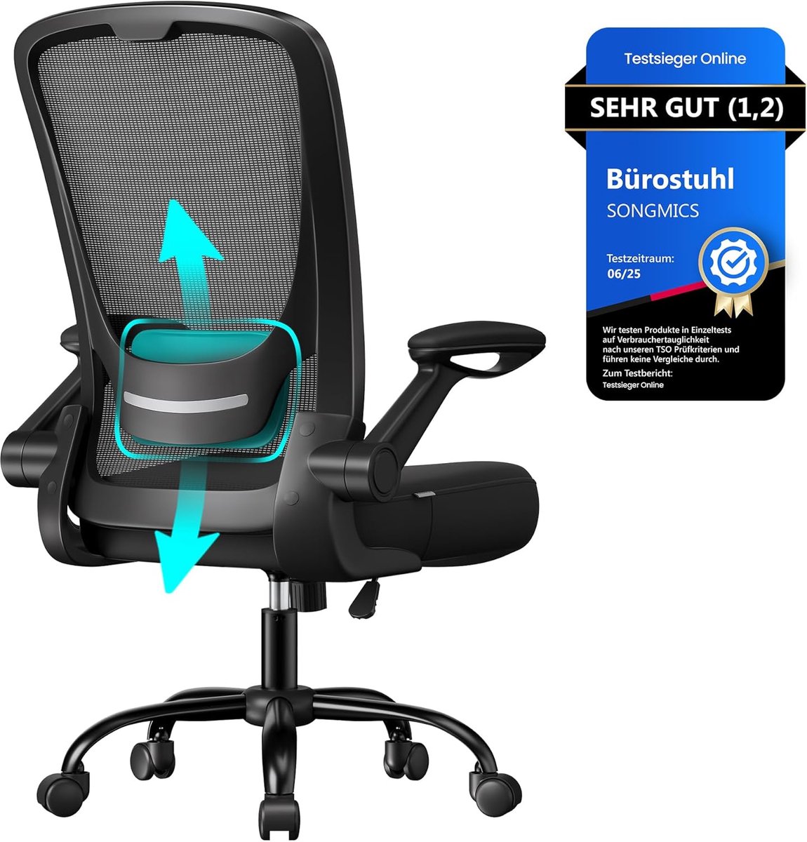 SONGMICS OBN37BK Bureaustoel, draaistoel met mesh bekleding, ergonomisch, gewatteerde lendensteun, schommelfunctie, zithoogte 53 cm, inklapbare armleuningen, zwart