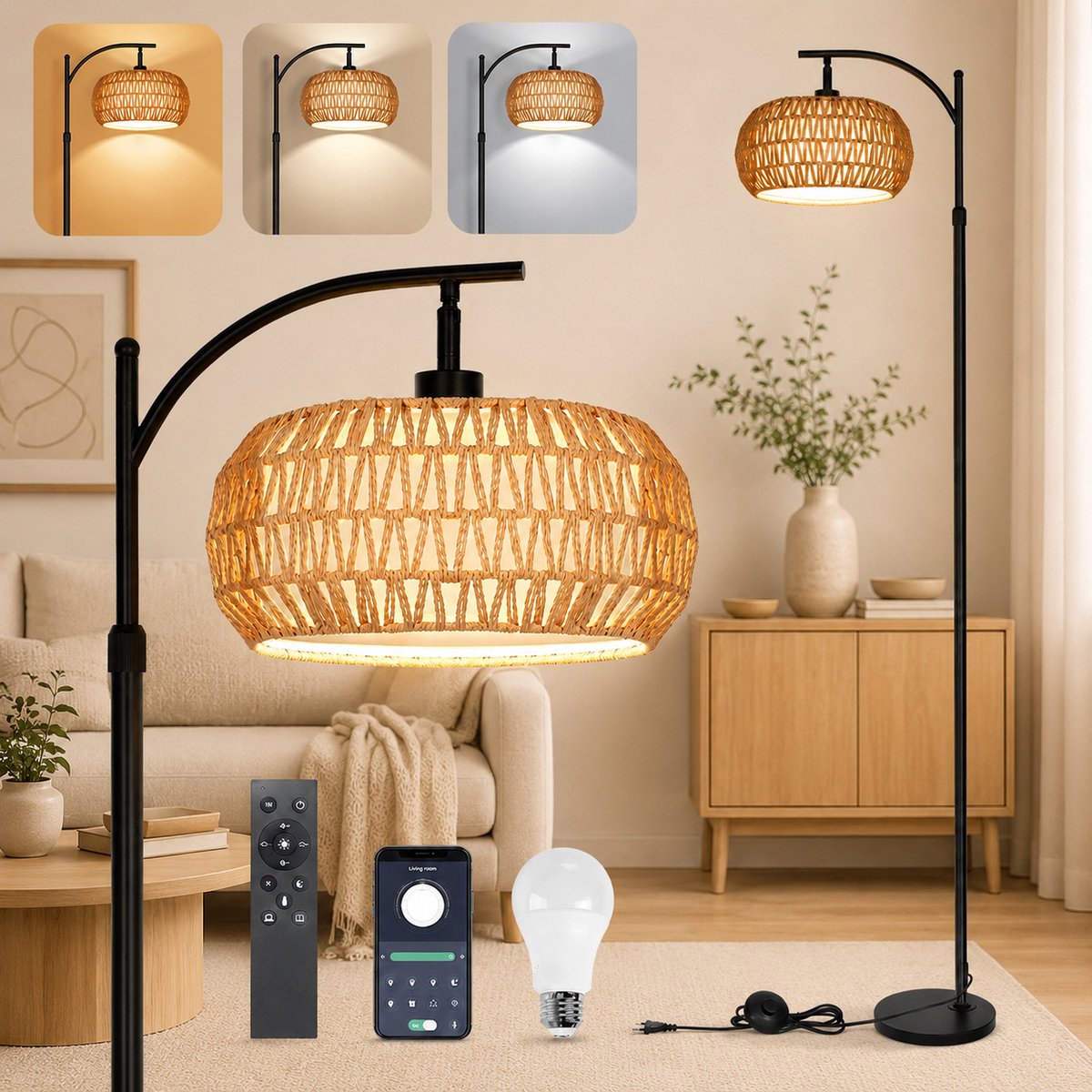 Lapamax Rotan Vloerlamp-Staande Lamp Dimbaar - 175 cm Boho Leeslamp met Rotan&Stoffen Lampenkap-3 Kleurtemperaturen - Afstandsbediening-APP & Voetschakelaar -Hoogte Verstelbaar&360° Draaibare Arm-Sfeerverlichting voor Woonkamer Slaapkamer Leeshoek