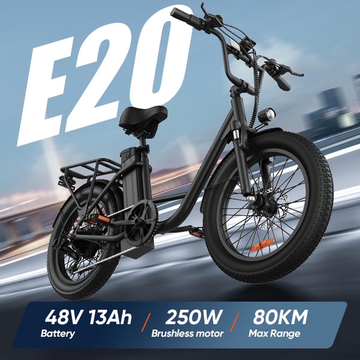 E20 20" x 3 elektrische fiets met uitneembare 48 V 13 Ah-accu