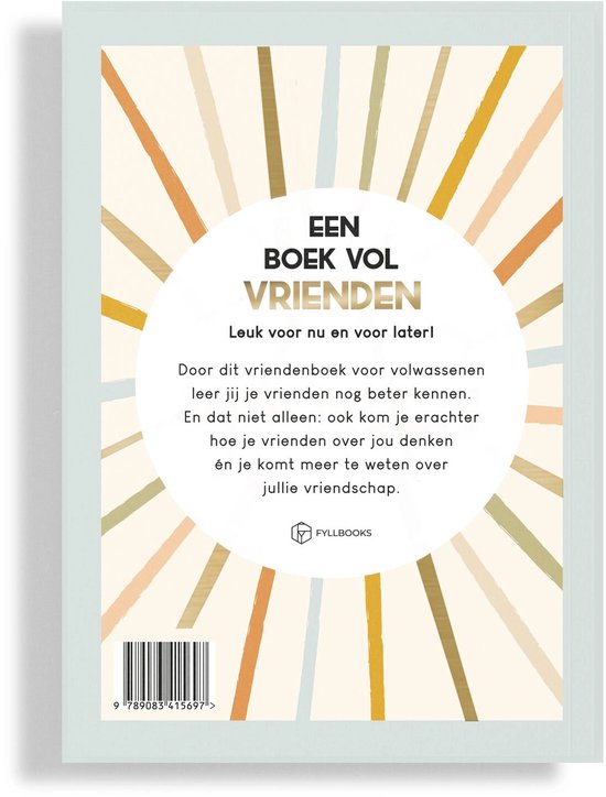 Boek met tekst 'Een boek vol vrienden'. Achterkant met streepjespatroon en barcode.