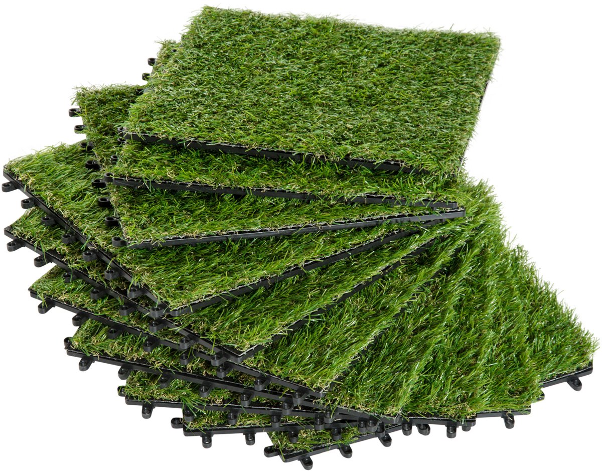 Kunstgras - levensecht - met drainagefunctie - 6 - 5 vezels/m² - 25 mm hoog - set van 10 stuks - elk 30x30 cm - groen