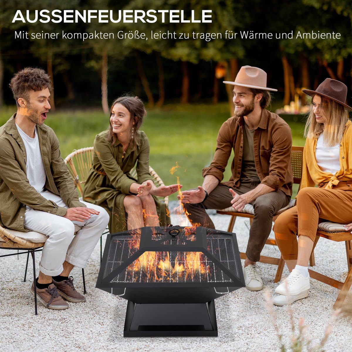 Vuurschaal van roestvrij staal - 45 x 45 x 34 cm - met vonkenvanger en pook - voor tuin - balkon - barbecue - camping - zwart