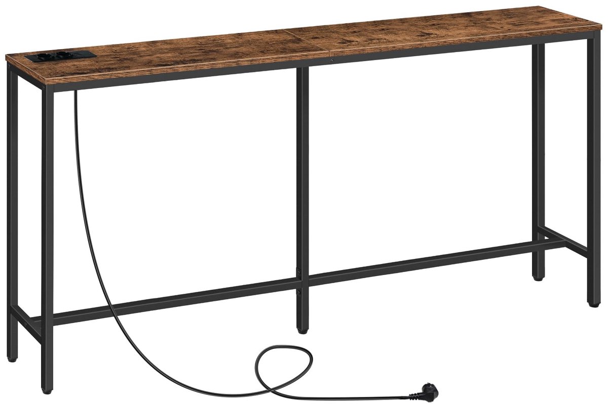 Consoletafel met Oplaadstation - 160 cm Smalle Haltafel met USB Poorten - Industriële Banktafel voor Entree, Hal, Woonkamer en Achter de Bank - Vintage Design met Ruimtebesparend Opbergoppervlak