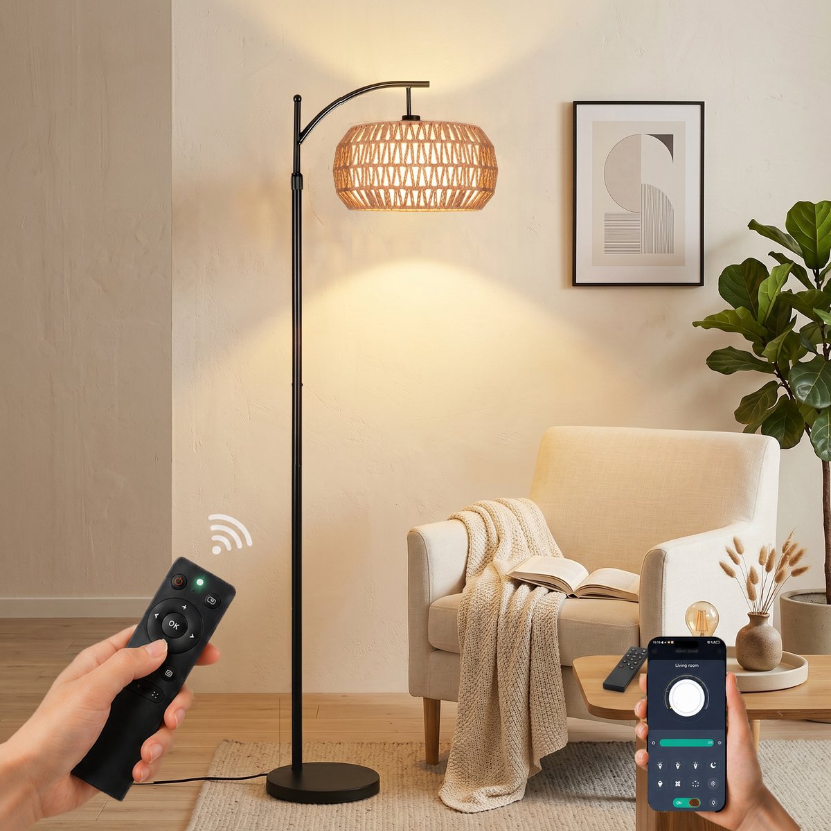 Lapamax Rotan Vloerlamp - Staande Lamp Dimbaar voor Woonkamer en Slaapkamer - 175 cm Boho Leeslamp met 3-in-1 Rotan & Stoffen Lampenkap - 3 Kleurtemperaturen - Afstandsbediening, APP & Voetschakelaar- Hoogte Verstelbare-360° Draaibare Arm