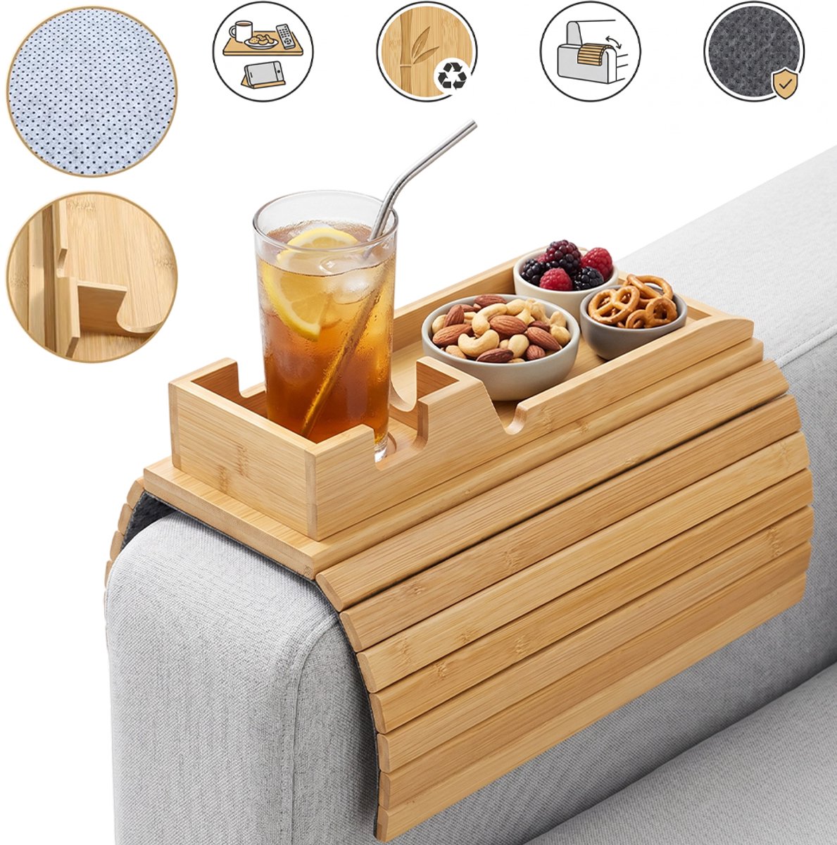 Bamboe Bank Armsteun Met Bekerhouder En Opbergvakken - Antislip Onderkant Ruimtebesparend Opvouwbaar Ontwerp - Perfecte Bankorganizer Voor Afstandsbediening, Telefoon En Snacks