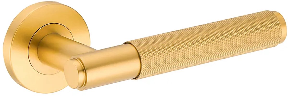 Deurkruk (2x) Eva rond geribbelde diamant greep 22mm haaks met een schroefrozet mat goud PVD gecoat | Ronde deurklinken